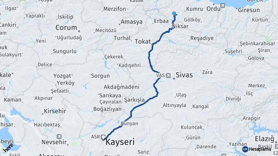 Ordu Akkuş Kayseri Arası Kaç Km - Yol Haritası