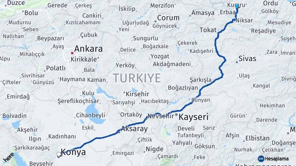 Ordu Akkuş Konya Arası Kaç Km - Yol Haritası