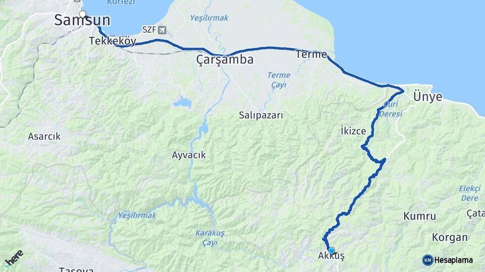 Ordu Akkuş Samsun Arası Kaç Km - Yol Haritası