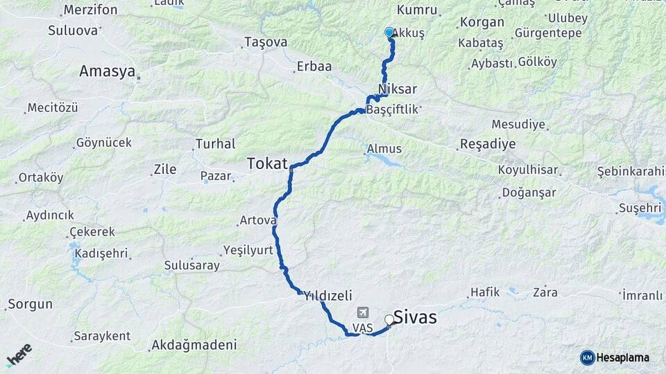 Ordu Akkuş Sivas Arası Kaç Km - Yol Haritası