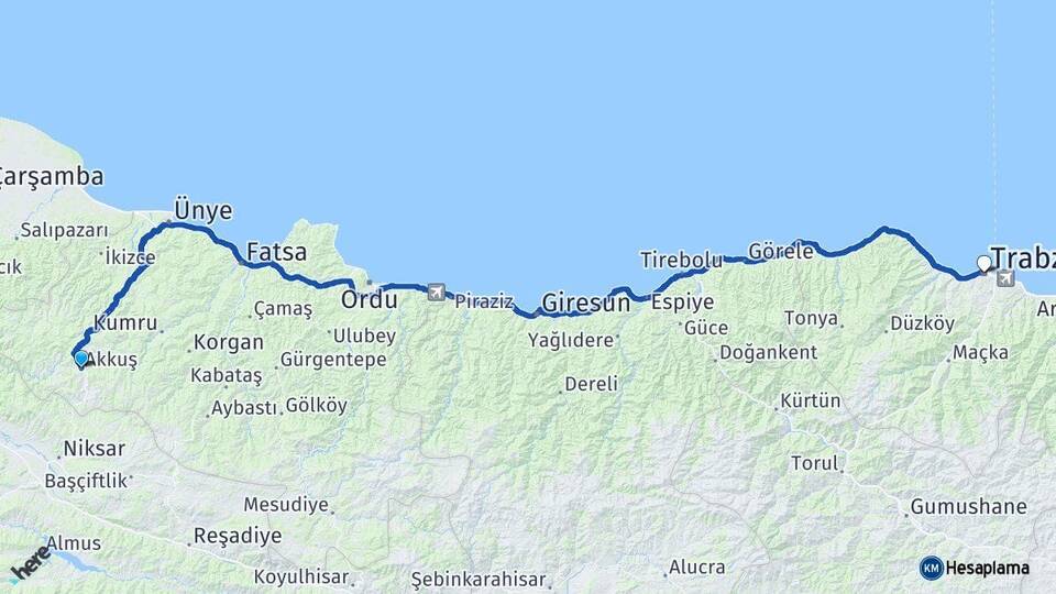 Ordu Akkuş Trabzon Arası Kaç Km - Yol Haritası