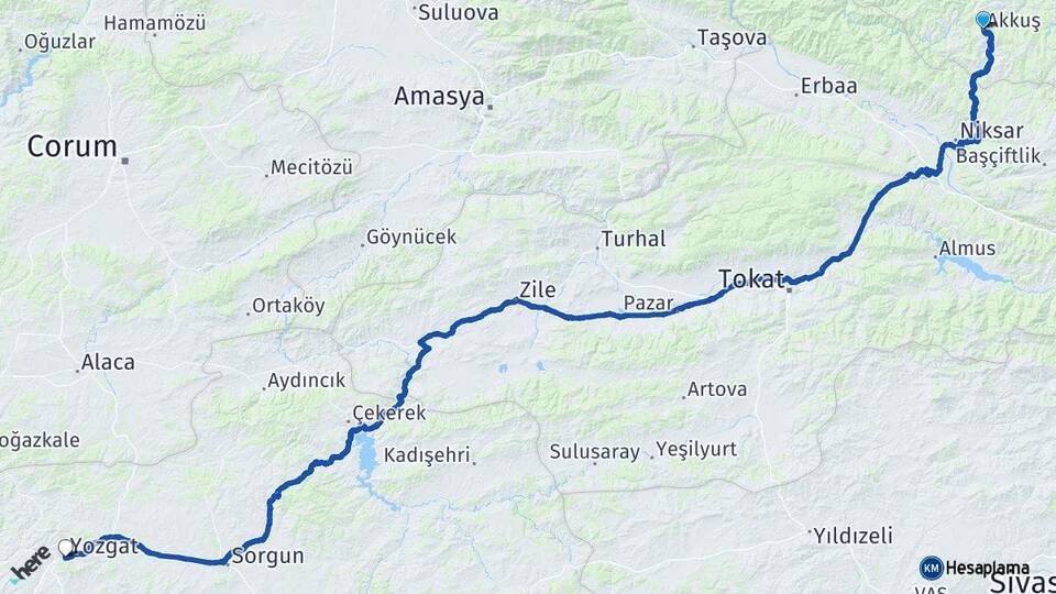 Ordu Akkuş Yozgat Arası Kaç Km - Yol Haritası