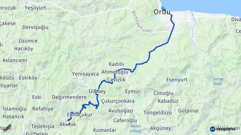 Ordu Akoluk Ulubey Arası Kaç Km - Yol Haritası