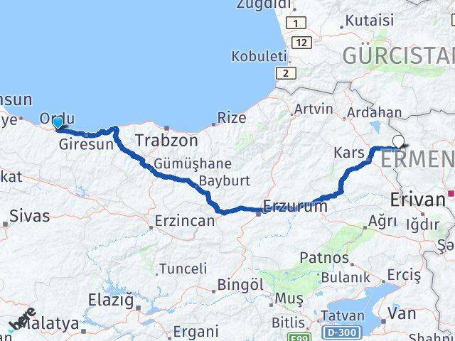 Ordu Akyaka Kars Arası Kaç Km - Yol Haritası