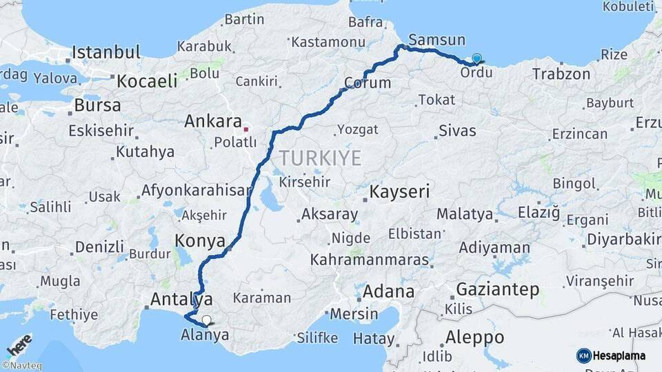 Ordu Alanya Arası Kaç Km - Yol Tarifi