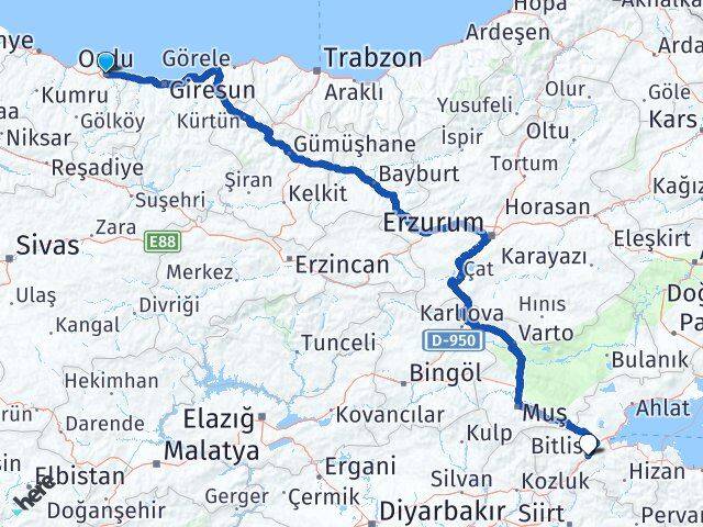 Altınordu Bitlis Arası Kaç Km - Yol Tarifi