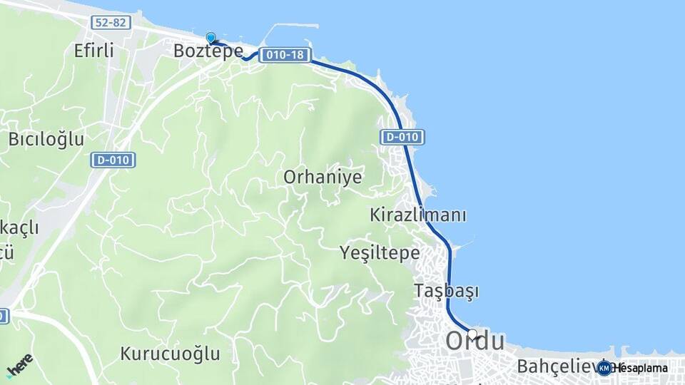 Ordu Altınordu Boztepe Arası Kaç Km - Yol Haritası