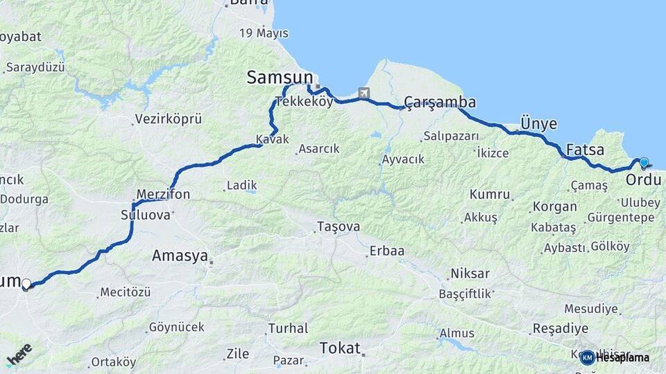 Ordu Altınordu Çorum Arası Kaç Km - Yol Haritası