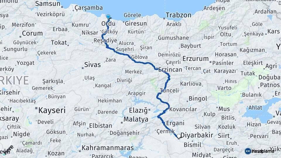 Ordu Altınordu Diyarbakır Arası Kaç Km - Yol Haritası