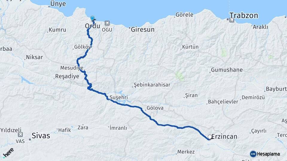Ordu Altınordu Erzincan Arası Kaç Km - Yol Haritası