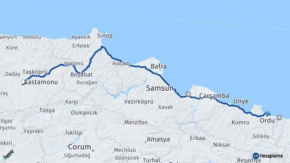 Ordu Altınordu Kastamonu Arası Kaç Km - Yol Haritası