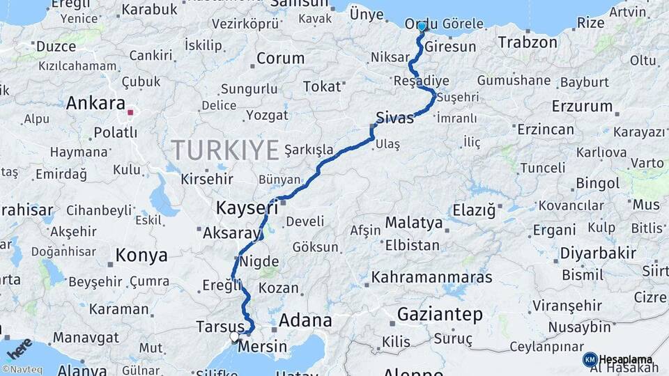 Ordu Altınordu Mersin Arası Kaç Km - Yol Haritası