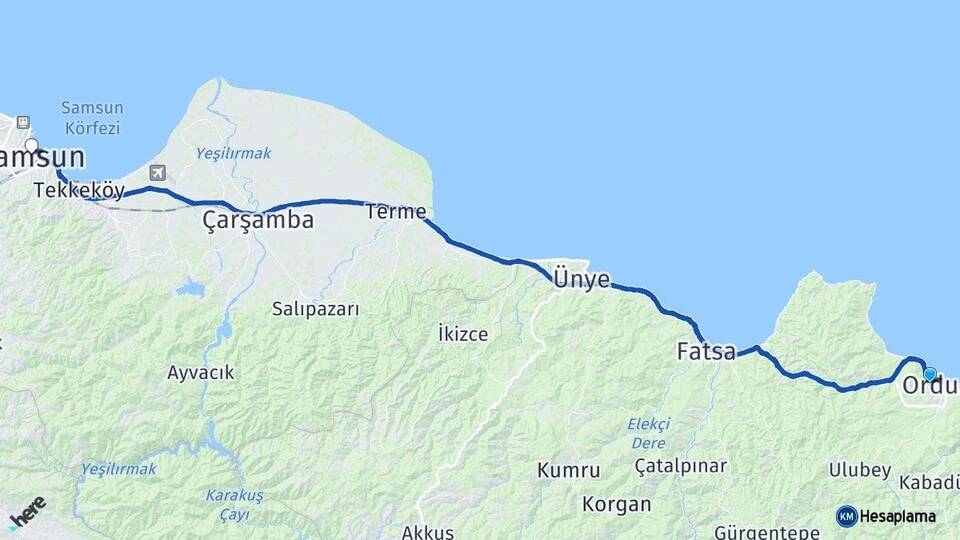 Ordu Altınordu Samsun Arası Kaç Km - Yol Haritası