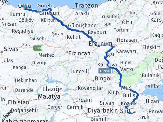 Altınordu Siirt Arası Kaç Km - Yol Tarifi
