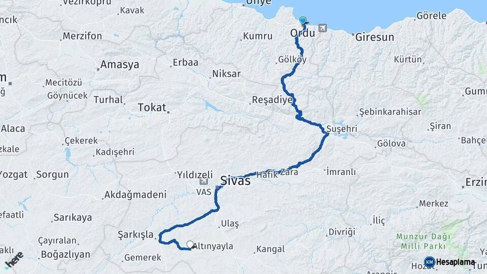 Ordu Altınyayla Sivas Arası Kaç Km - Yol Haritası