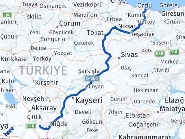 Ordu Altunhisar Niğde Arası Kaç Km - Yol Haritası