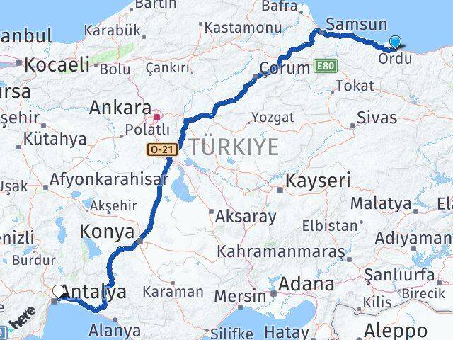 Ordu Antalya Havalimanı Arası Kaç Km - Yol Haritası