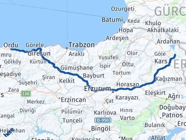 Ordu Arpaçay Kars Arası Kaç Km - Yol Haritası