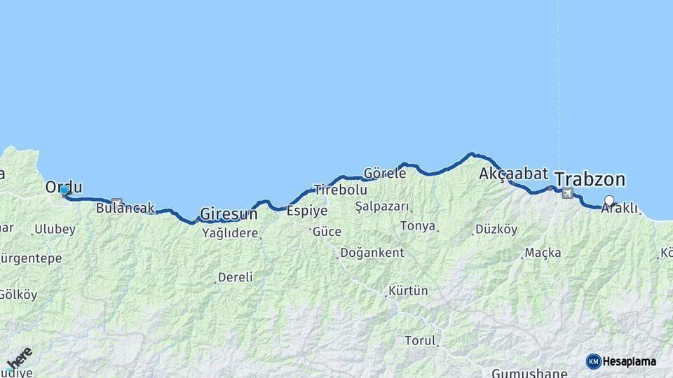 Ordu Arsin Trabzon Arası Kaç Km - Yol Haritası