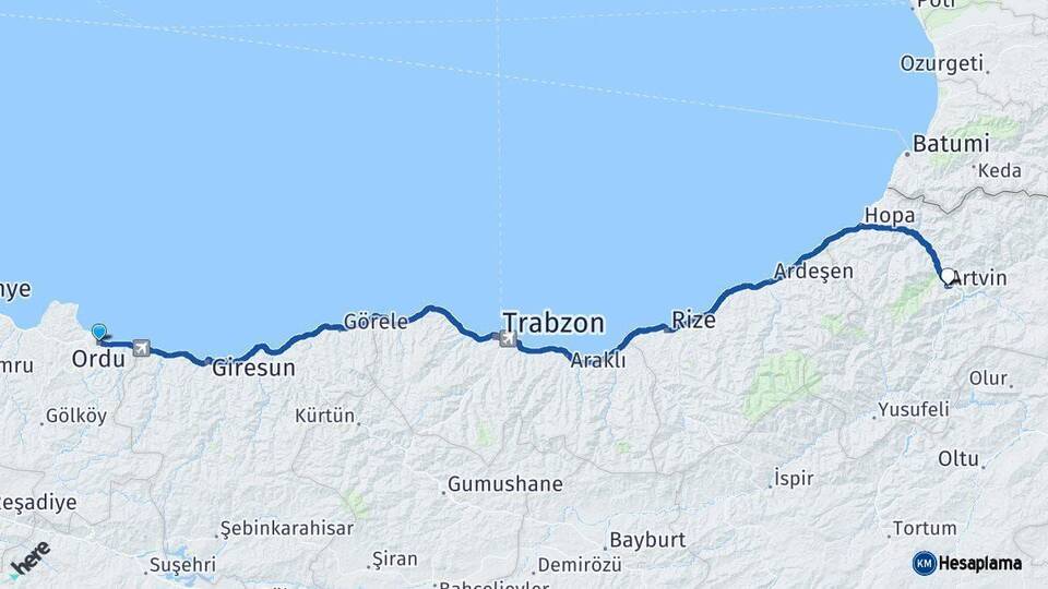 Ordu Artvin Arası Kaç Km - Yol Haritası