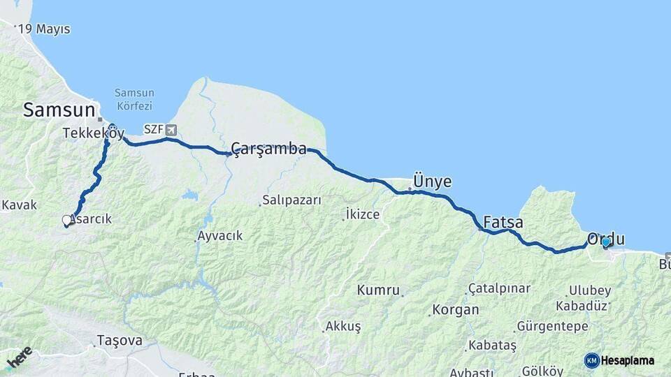 Ordu Asarcık Samsun Arası Kaç Km - Yol Haritası