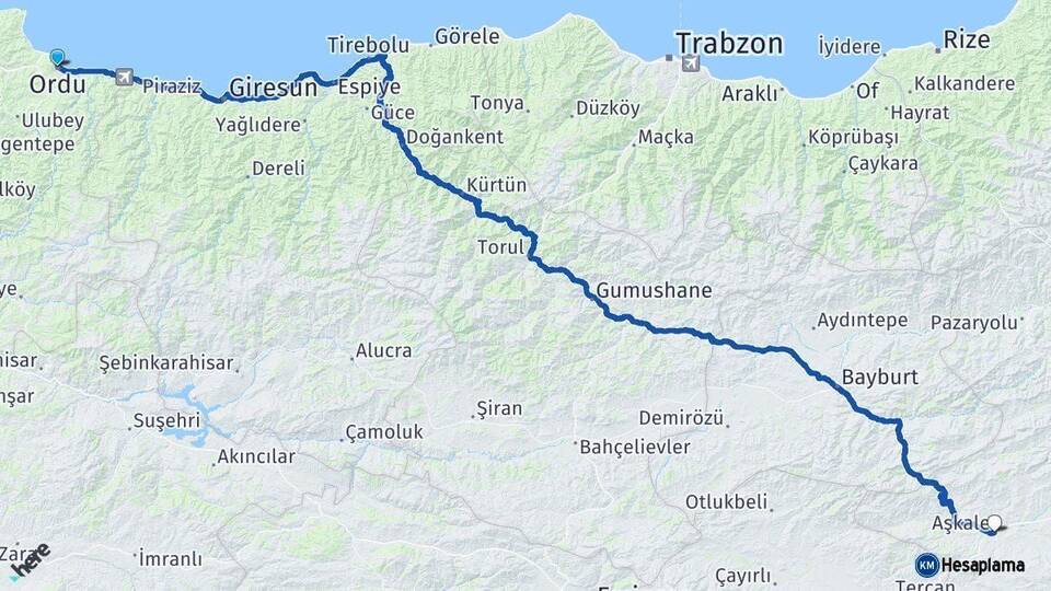Ordu Aşkale Erzurum Arası Kaç Km - Yol Haritası