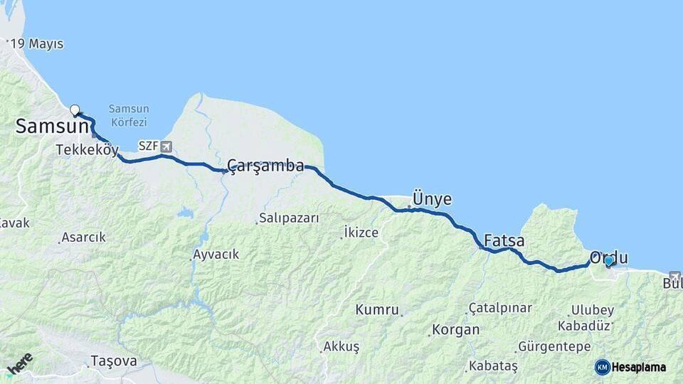 Ordu Atakum Samsun Arası Kaç Km - Yol Haritası