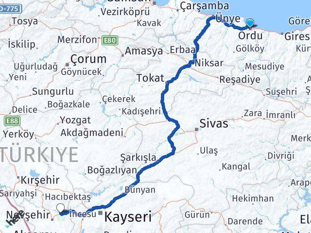 Ordu Avanos Nevşehir Arası Kaç Km - Yol Haritası