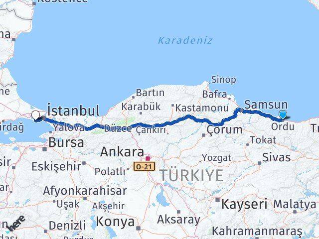 Ordu Avcılar İstanbul Arası Kaç Km - Yol Haritası