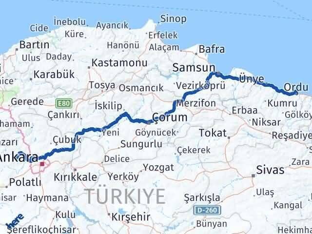 Ordu Ayaş Ankara Arası Kaç Km - Yol Haritası