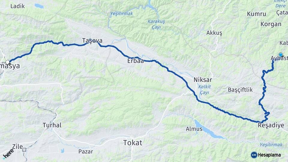 Ordu Aybastı Amasya Arası Kaç Km - Yol Haritası