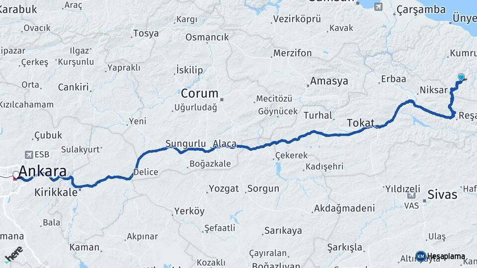 Ordu Aybastı Ankara Arası Kaç Km - Yol Haritası