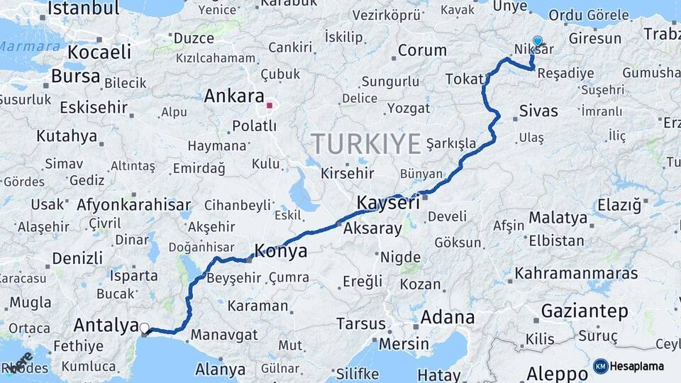 Ordu Aybastı Antalya Arası Kaç Km - Yol Haritası