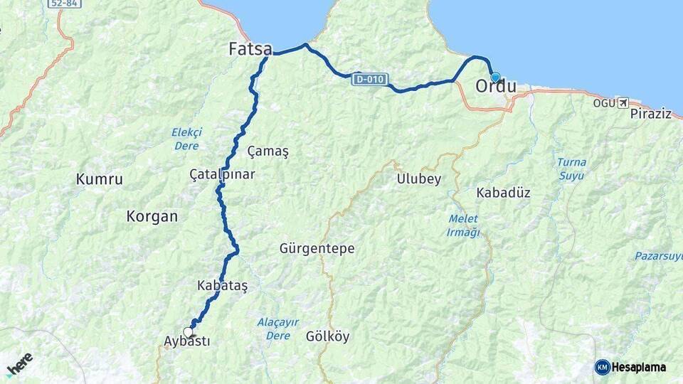 Ordu Aybastı Arası Kaç Km - Yol Haritası