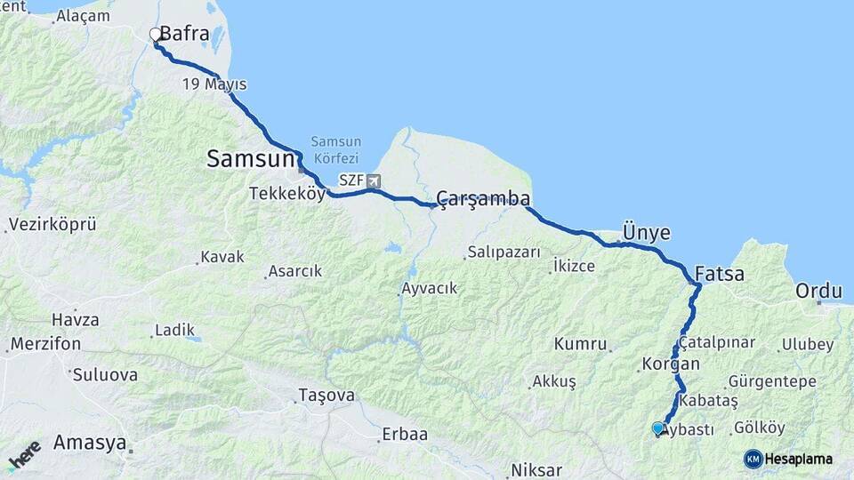 Ordu Aybastı Bafra Samsun Arası Kaç Km - Yol Haritası