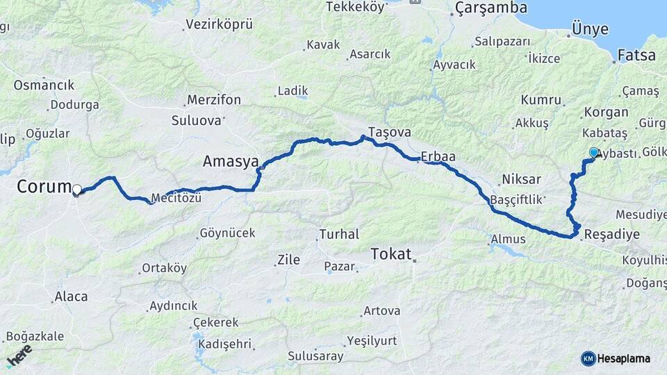 Ordu Aybastı Çorum Arası Kaç Km - Yol Haritası