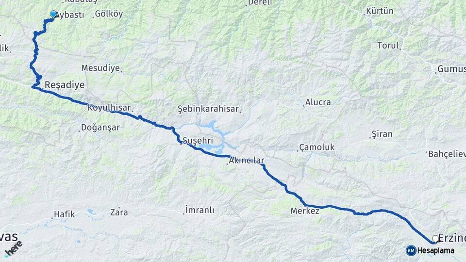 Ordu Aybastı Erzincan Arası Kaç Km - Yol Haritası