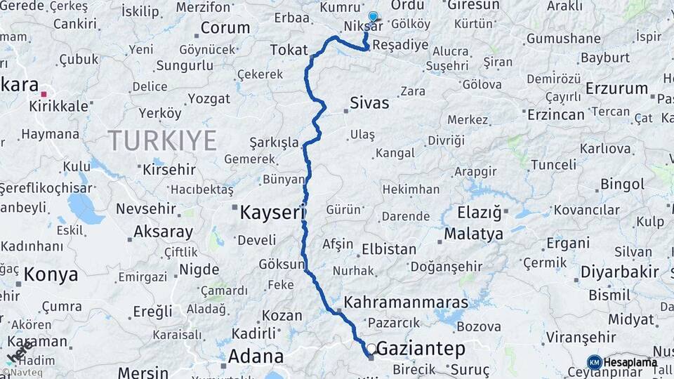 Ordu Aybastı Gaziantep Arası Kaç Km - Yol Haritası