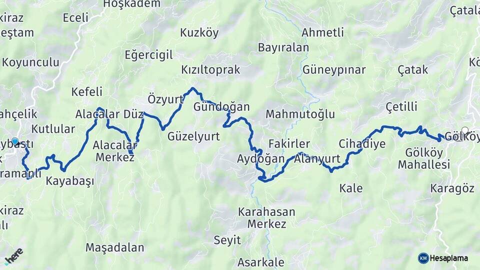 Ordu Aybastı Gölköy Arası Kaç Km - Yol Haritası