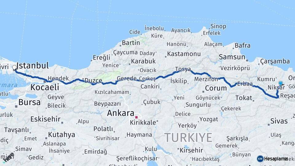 Ordu Aybastı İstanbul Arası Kaç Km - Yol Haritası