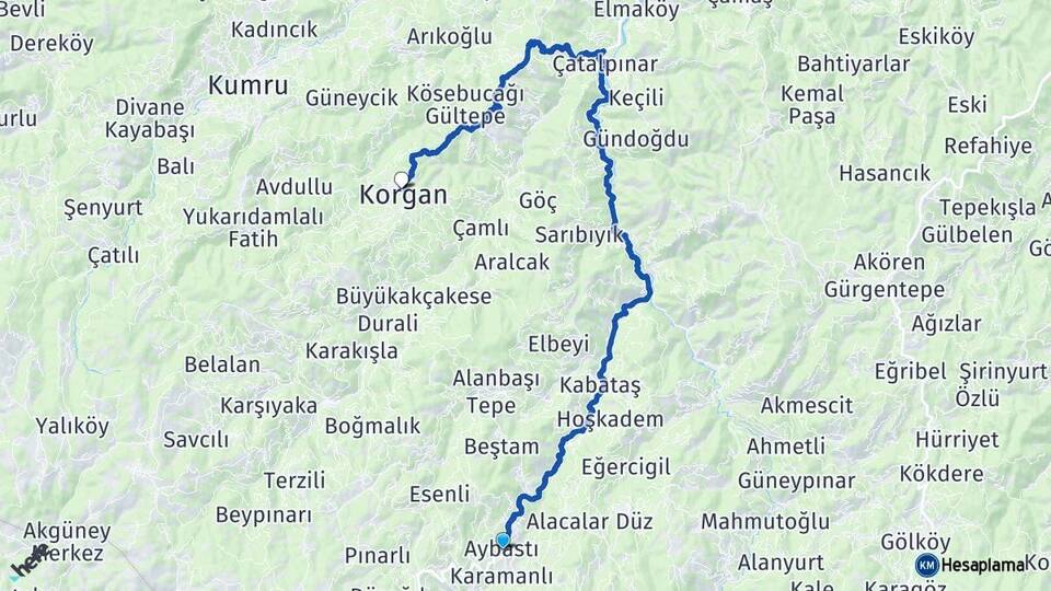 Ordu Aybastı Korgan Arası Kaç Km - Yol Haritası