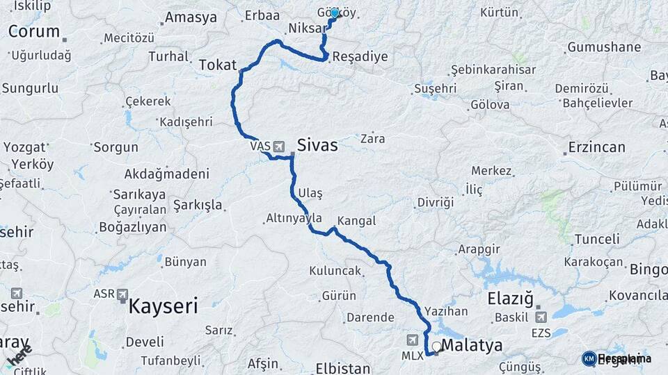 Ordu Aybastı Malatya Arası Kaç Km - Yol Haritası