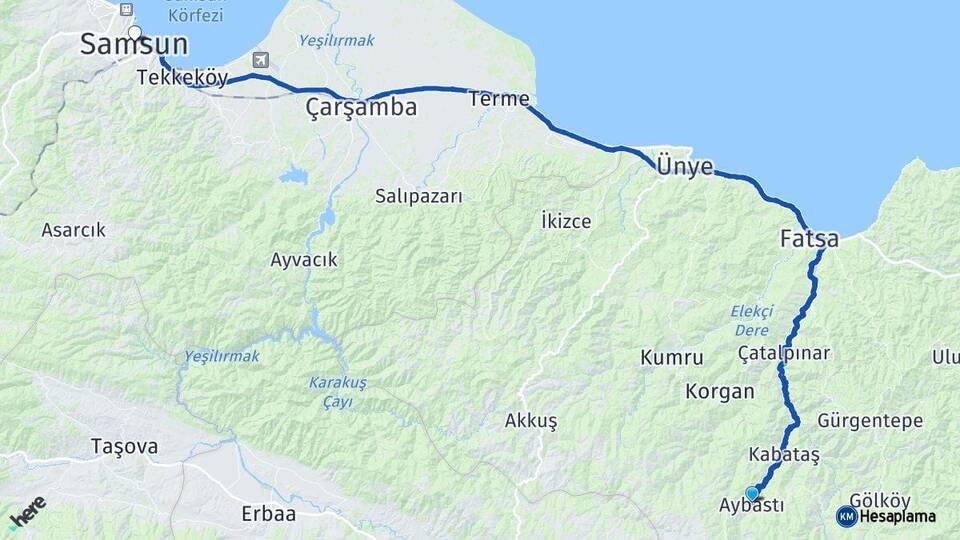 Ordu Aybastı Samsun Arası Kaç Km - Yol Haritası