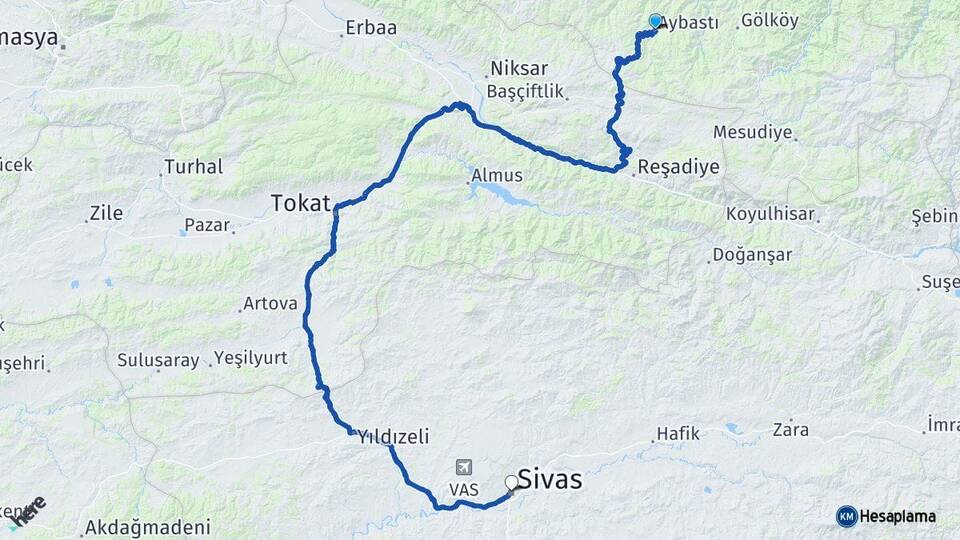 Ordu Aybastı Sivas Arası Kaç Km - Yol Haritası