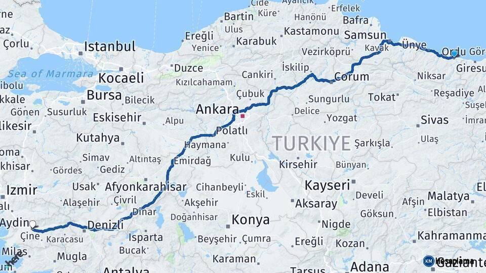 Ordu Aydın Arası Kaç Km - Yol Haritası