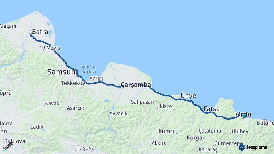 Ordu Bafra Samsun Arası Kaç Km - Yol Haritası