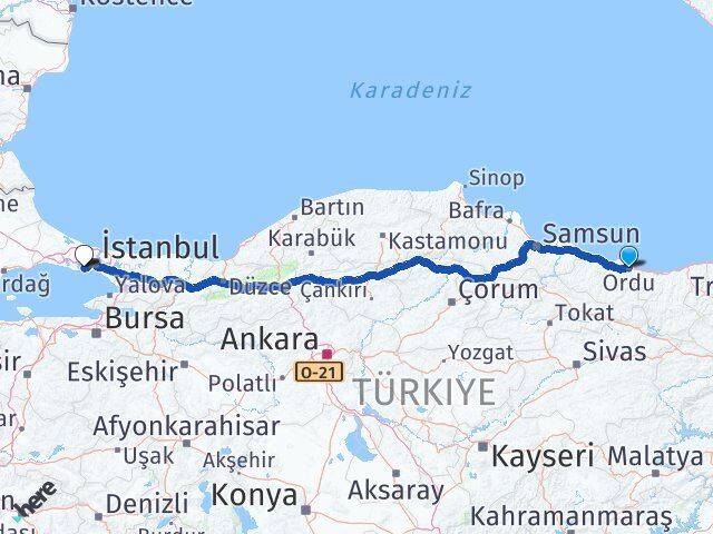 Ordu Bahçelievler İstanbul Arası Kaç Km - Yol Haritası