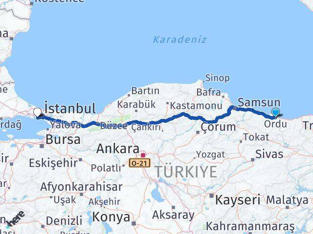 Ordu Bakırköy İstanbul Arası Kaç Km - Yol Haritası