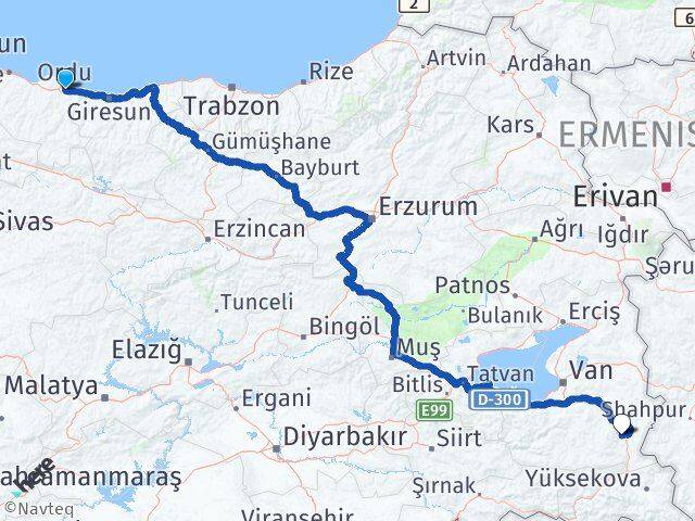 Ordu Başkale Van Arası Kaç Km - Yol Haritası
