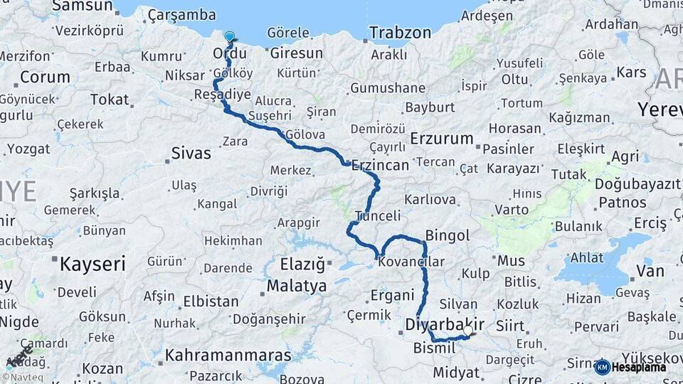 Ordu Batman Arası Kaç Km - Yol Haritası